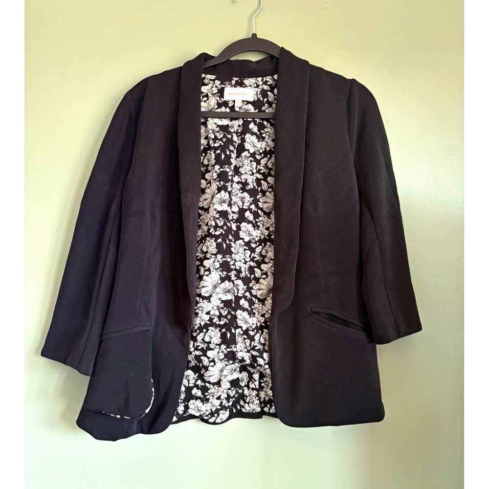 Skies Are Blue Women's Open Front Blazer Floral Lined Pockets 3/4 M Black